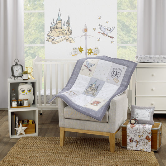Warner Bros  Harry Potter Magical Moments Grey and White Hogwarts 3 Piece Nursery Mini Crib Bedding Set - Comforter and Two Fitted Mini Crib Sheets