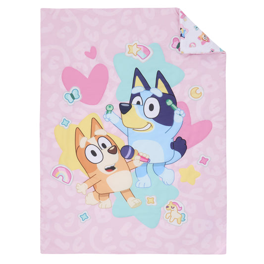 NoJo Bluey Best Day Ever 4 Piece Toddler Bed Set - Comforter, Fitted Bottom Sheet, Flat Top Sheet, Reversible Pillowcase, Pink & Aqua