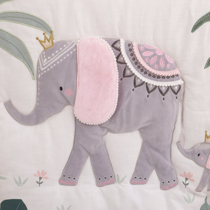 NoJo Tropical Princess Elephant /Jungle Pink and Green 4 Piece Crib Bedding Set - Comforter, Fitted Crib Sheet, Dust Ruffle and Storage