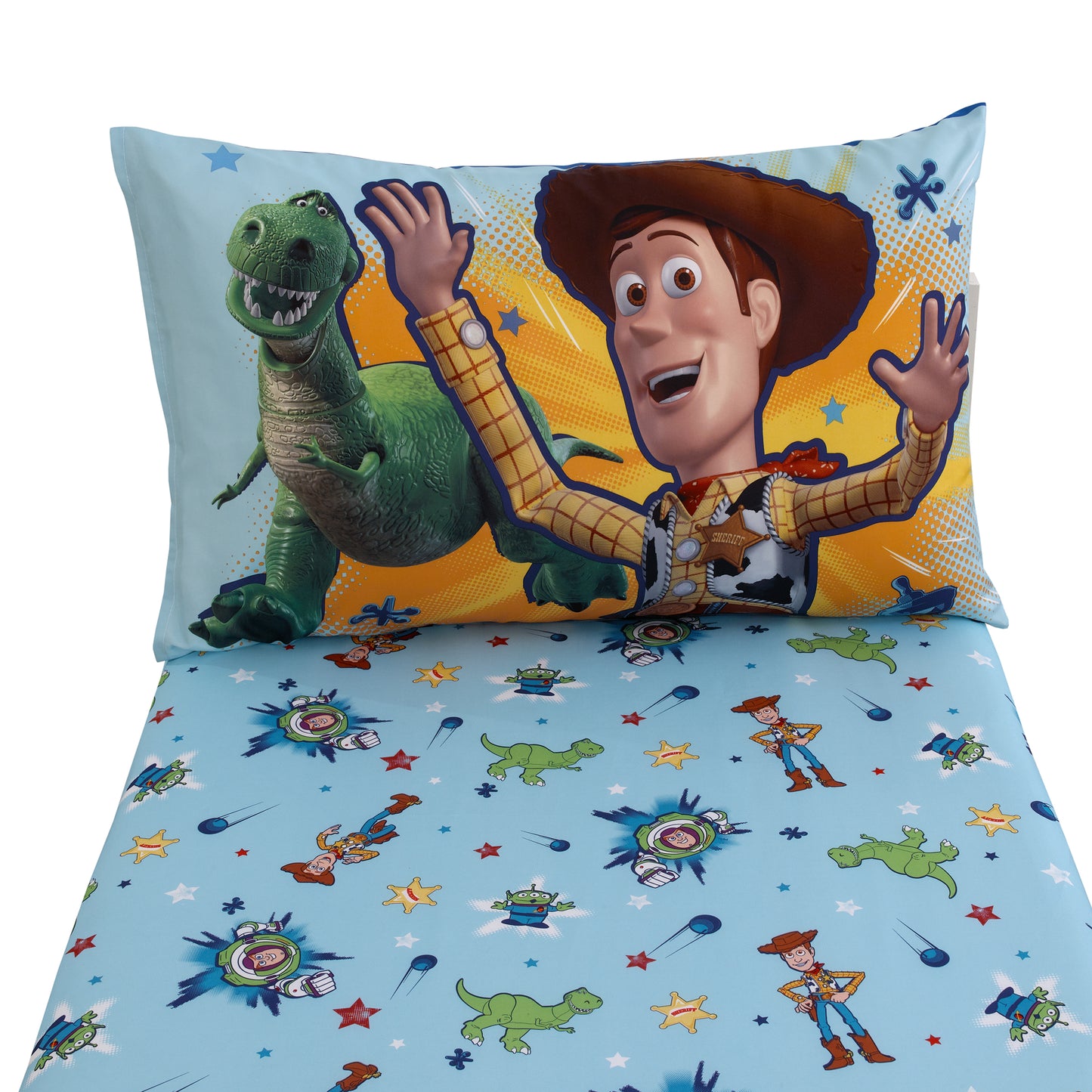 Disney Toy Story Power Up 2 Pack Super Soft Fitted Toddler Sheet and Pillowcase Set - Blue, Green