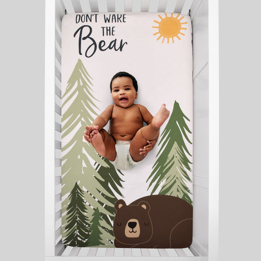 NoJo Into the Wilderness Navy, White, Green and Brown Wake the Bear 100% Cotton Photo Op Fitted Crib Sheet