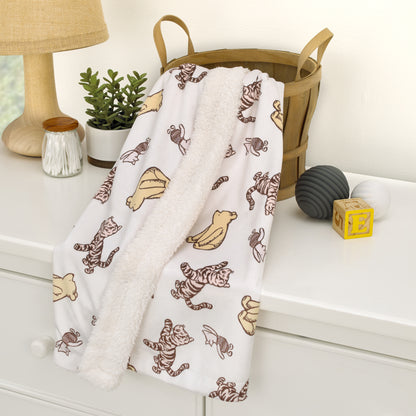Disney Classic Pooh Hunny Fun with Piglet and Tigger White and Taupe Super Soft Baby Blanket