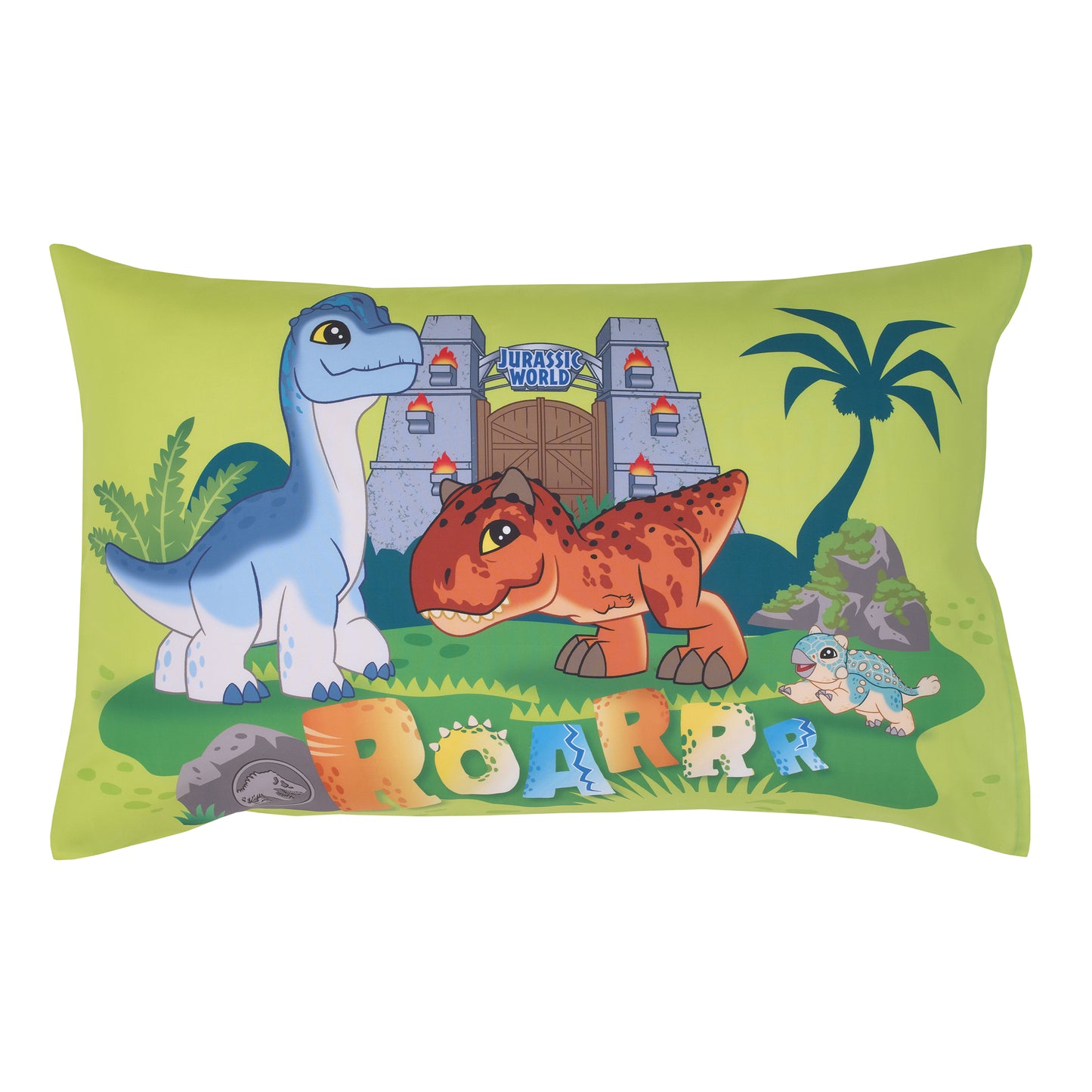 Universal Jurassic World Explorers Welcome to Jurassic World, Green, Blue, and Tan Dinosaur 4 Piece Toddler Bed Set - Comforter, Fitted Bottom Sheet, Flat Top Sheet, and Reversible Pillowcase