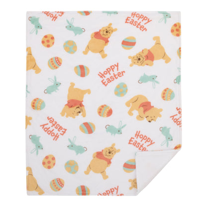 Disney Winnie the Pooh Aqua, Tan, Red, and White Hoppy Easter Super Soft Sherpa Baby Blanket