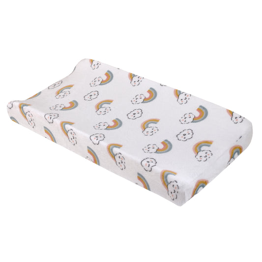 Chasing Rainbows - White, Peach, Teal and Gold Clouds and Rainbows Super Soft Contoured Changing Pad Cover