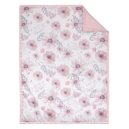 Little Love by NoJo Beautiful Blooms Pink, White, and Grey Floral 3 Piece Nursery Crib Bedding Set - Comforter, Fitted Crib Sheet and Crib Skirt