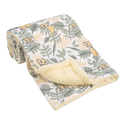 Disney Lion King Simba Yellow, Green, and White Jungle Leaves Super Soft Baby Blanket with Sherpa Back