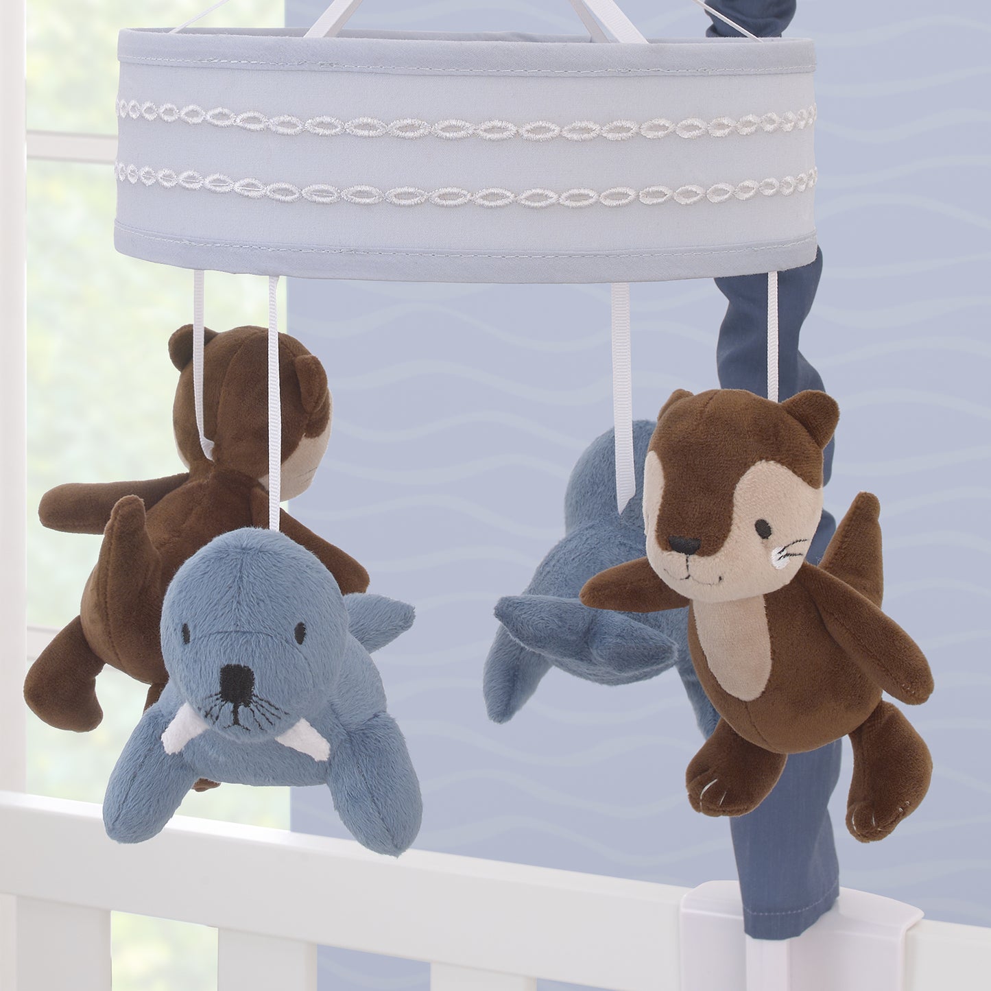 NoJo Arctic Adventure Light Blue and Brown Walrus and Sea Otter Plush Carousel Style Musical Mobile