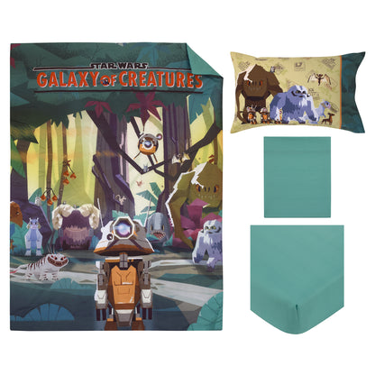 Star Wars Galaxy of Creatures Teal, Brown, and Orange 4 Piece Toddler Bed Set - Comforter, Fitted Bottom Sheet, Flat Top Sheet, and Reversible Pillowcase