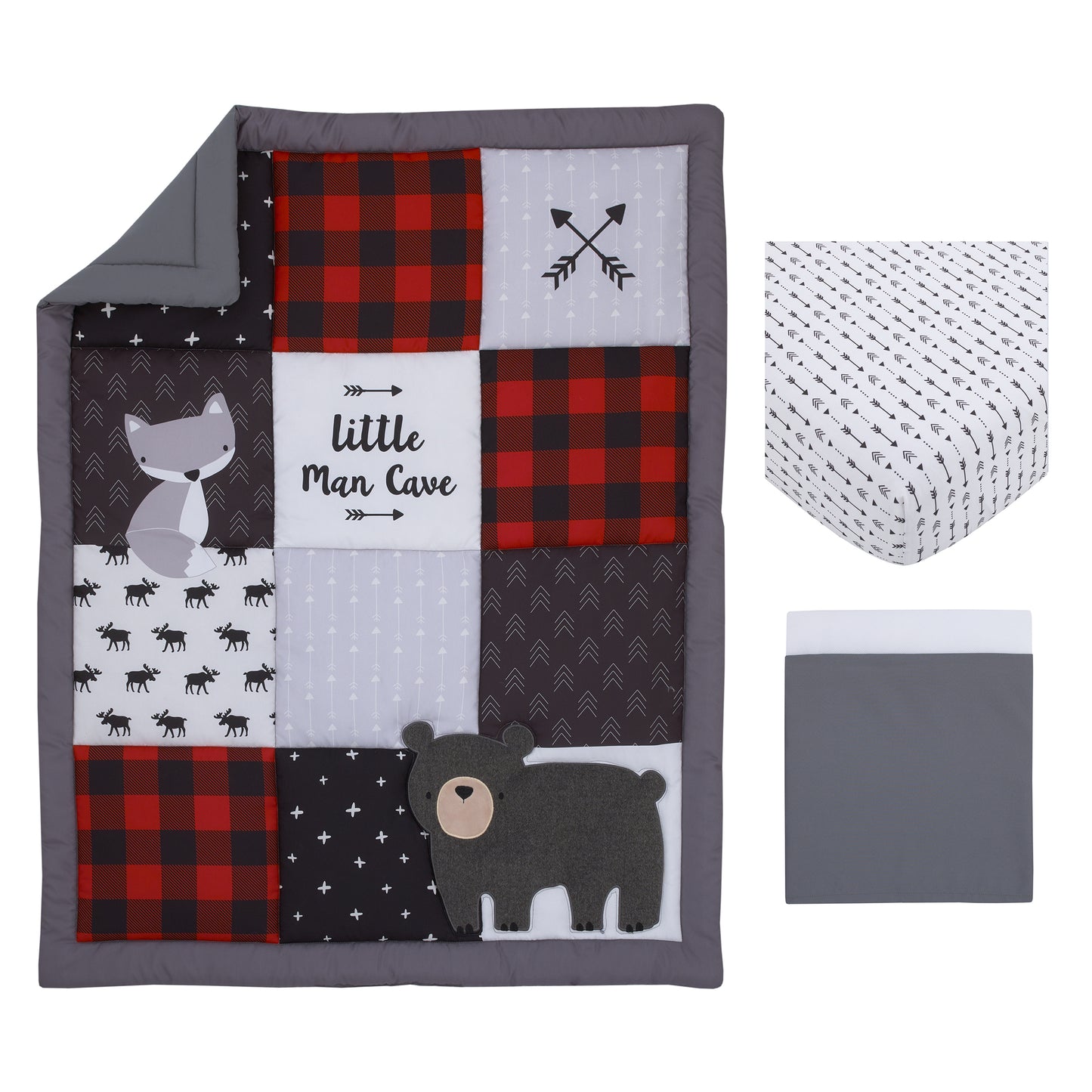 Little Love by NoJo Little Man Cave Grey, Red, Black and Ivory, Bear, Fox, Moose, Buffalo Check and Arrows Rustic 3 Piece Nursery Crib Bedding Set - Comforter, Fitted Crib Sheet and Crib Skirt