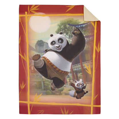 DreamWorks Kung Fu Panda Dragon Warrior Red and Gold Po and Friends 4 Piece Toddler Bed Set - Comforter, Fitted Bottom Sheet, Flat Top Sheet, and Reversible Pillowcase