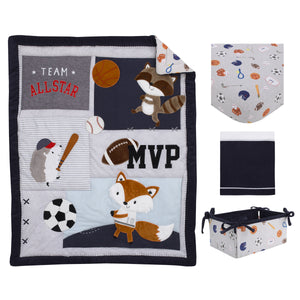 NoJo Team All Star Navy, Grey, and Light Blue, Football, Baseball, Soccer and Basketball, Fox, Raccoon and Hedgehog 4 Piece Nursery Crib Bedding Set - Comforter, 100% Cotton Fitted Crib Sheet, Crib Skirt and Storage Tote