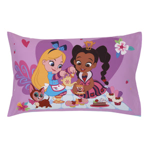 Disney Alice's Wonderland Bakery Tea Party Pink and Purple 4 Piece Toddler Bed Set - Comforter, Fitted Bottom Sheet, Flat Top Sheet, and Reversible Pillowcase