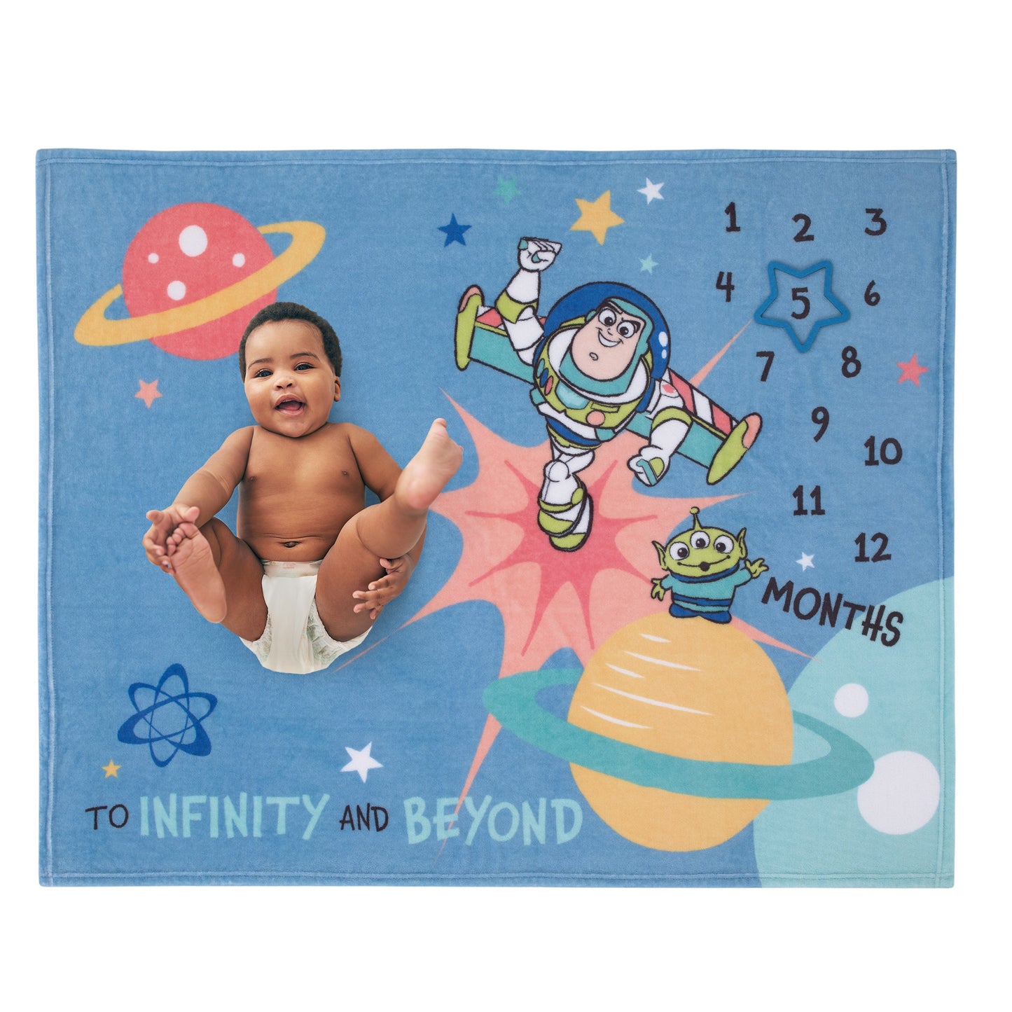 Disney Toy Story Blue, Orange, and Yellow To Infinity and Beyond Super Soft Photo Op Milestone Baby Blanket