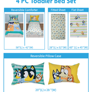 NoJo Bluey 4 Piece Toddler Bed Set - Includes Comforter, Fitted Bottom Sheet, Flat Top Sheet, Reversible Pillowcase