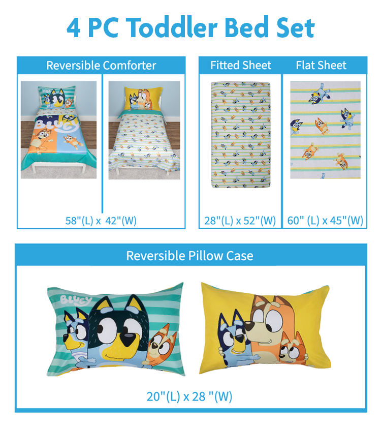 NoJo Bluey 4 Piece Toddler Bed Set - Includes Comforter, Fitted Bottom Sheet, Flat Top Sheet, Reversible Pillowcase