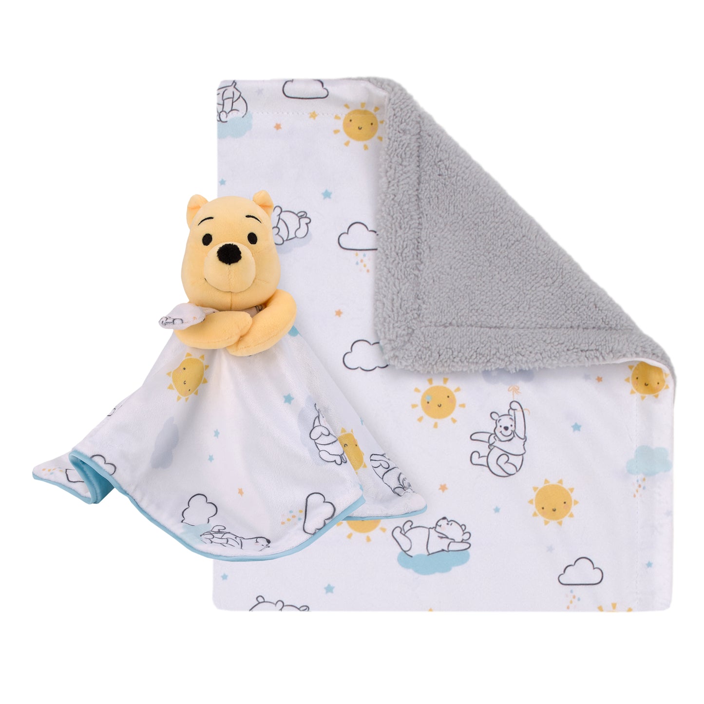 Disney Winnie the Pooh White, Yellow, and Aqua Sunshine and Clouds Super Soft Sherpa Baby Blanket and Security Blanket 2-Piece Gift Set