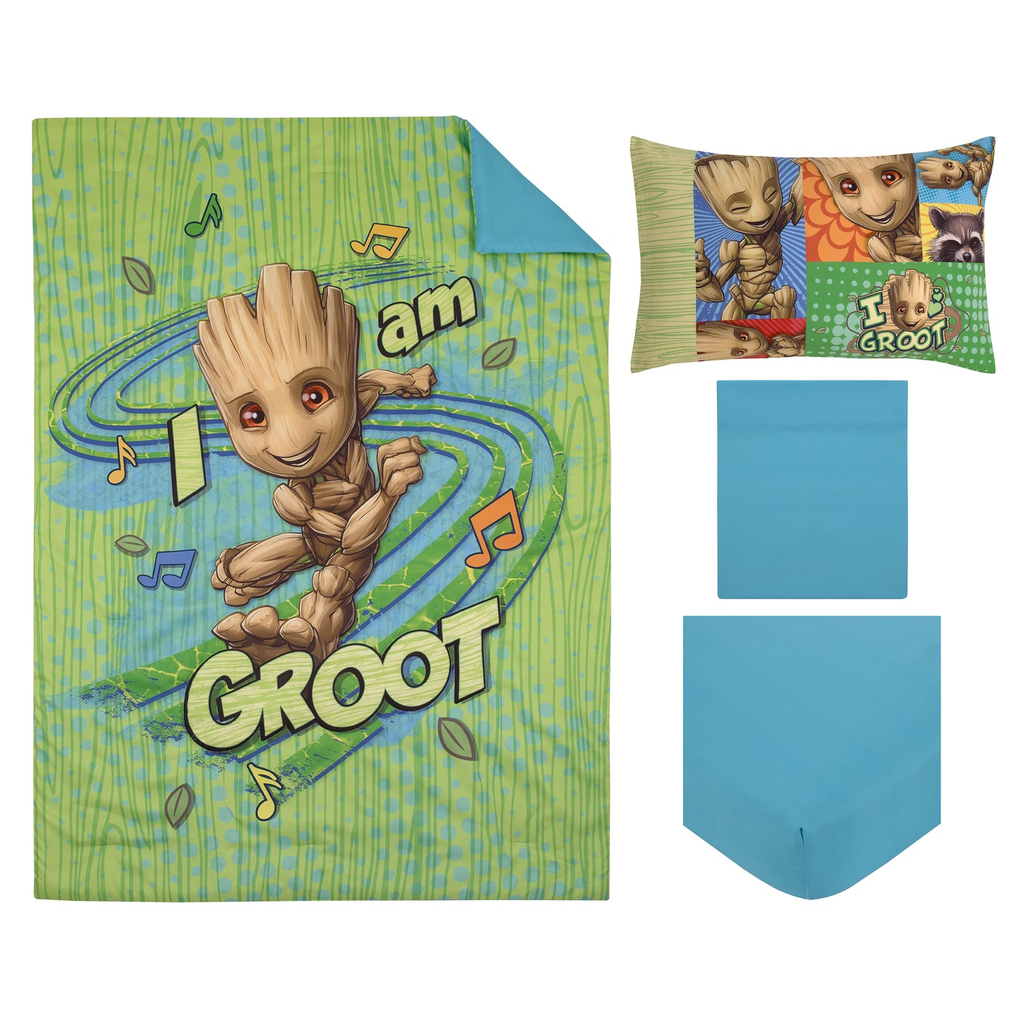 Marvel Guardians of the Galaxy I Am Groot Green and Blue 4 Piece Toddler Bed Set - Comforter, Fitted Bottom Sheet, Flat Top Sheet, and Reversible Pillowcase