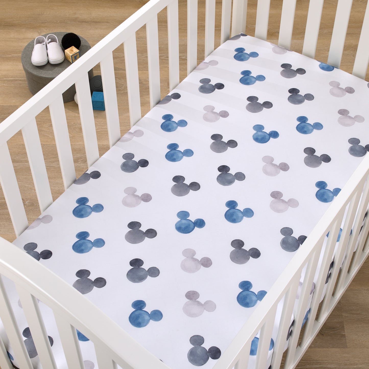 Disney Mickey Mouse - Black, White and Blue Watercolor Mickey Ears Nursery Fitted Mini Crib Sheet