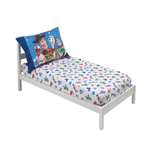 Disney Toy Story 4 - Blue, Green, Red and White 2 Pack Toddler Fitted Crib Sheet and Standard Size Pillowcase Set