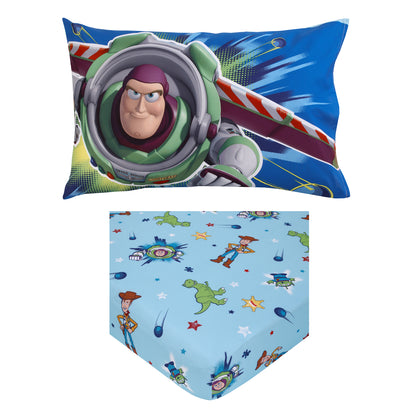 Disney Toy Story Power Up 2 Pack Super Soft Fitted Toddler Sheet and Pillowcase Set - Blue, Green