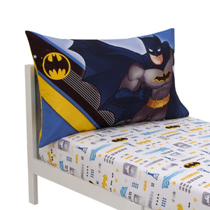 Warner Bros  Batman The Caped Crusader Blue, Gray, and Yellow Bat-Signal and Batmobile 2 Piece Toddler Sheet Set - Fitted Bottom Sheet and Reversible Pillowcase