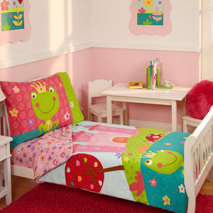 Everything Kids Fairytale Pink, Green and Teal, Castle, Frog, Flowers 4 Piece Toddler Bed Set - Comforter, Fitted Bottom Sheet, Flat Top Sheet, Reversible Pillowcase