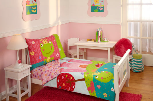 Everything Kids Fairytale Pink, Green and Teal, Castle, Frog, Flowers 4 Piece Toddler Bed Set - Comforter, Fitted Bottom Sheet, Flat Top Sheet, Reversible Pillowcase
