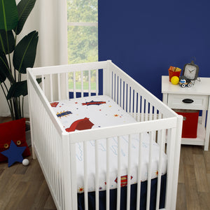 Superman White and Red Power, Icon, and Stars Photo Op Nursery Fitted Crib Sheet