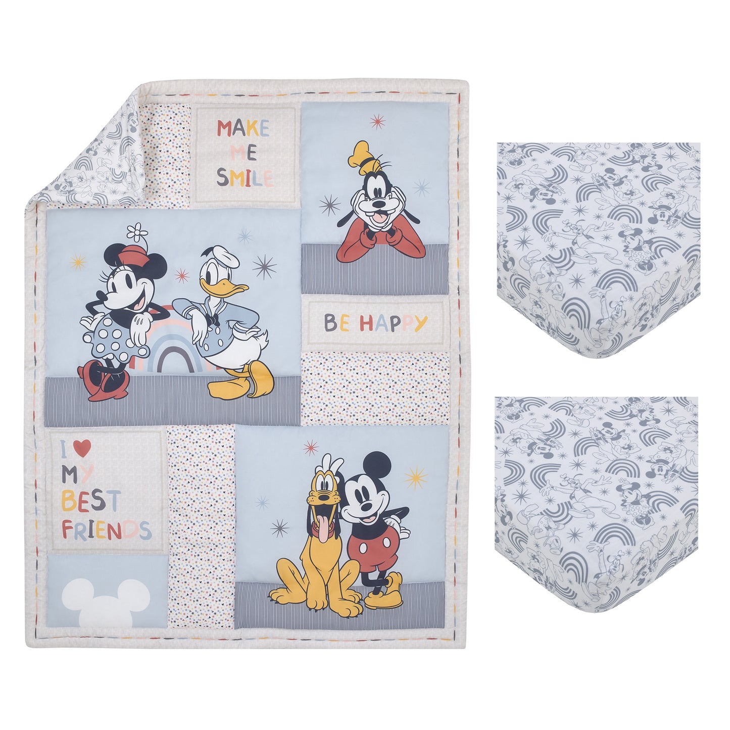 Disney Mickey and Friends Blue, Oatmeal, and Red Mickey Mouse, Minnie Mouse, Donald Duck, Pluto and Goofy 3 Piece Nursery Mini Crib Bedding Set - Comforter and Two Fitted Mini Crib Sheets