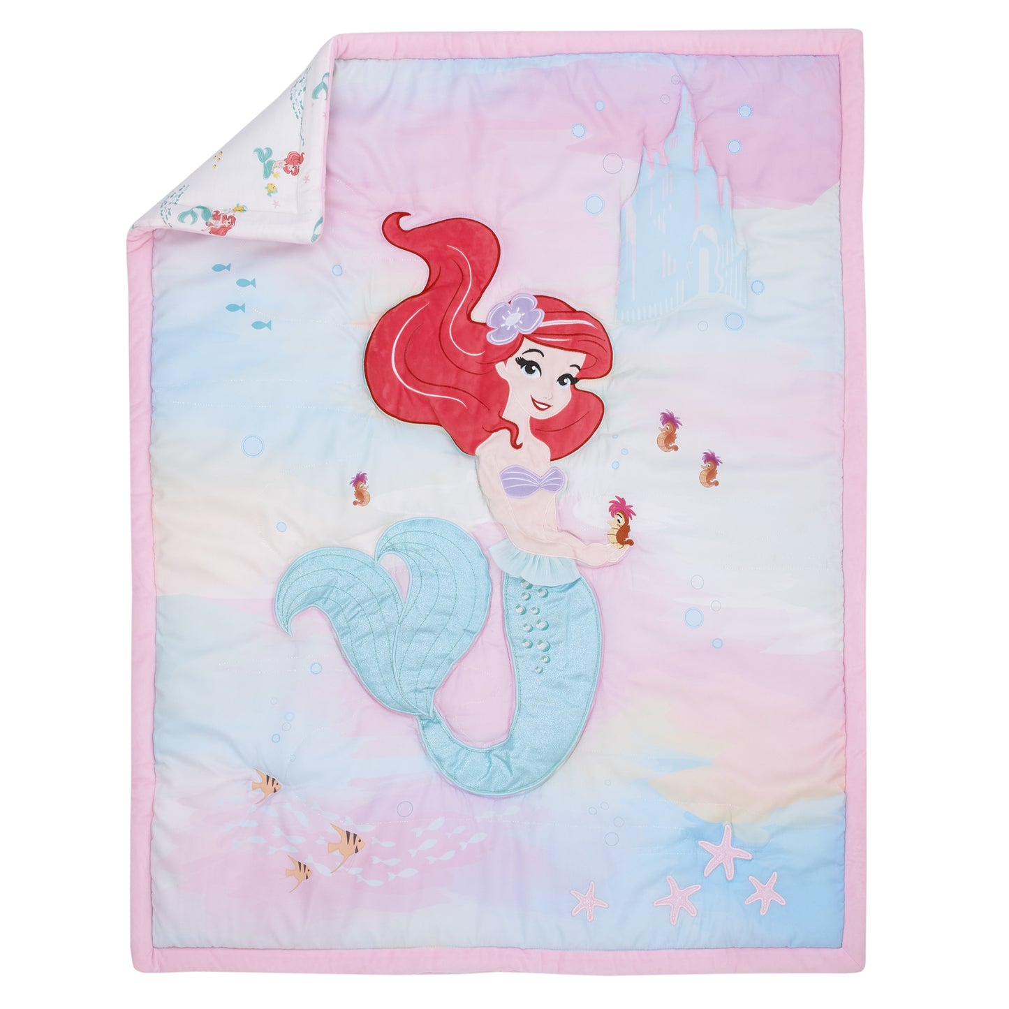 Disney Ariel Watercolor Wishes Aqua, Pink and White 3 Piece Nursery Crib Bedding Set - Comforter, 100% Cotton Fitted Crib Sheet and Crib Skirt