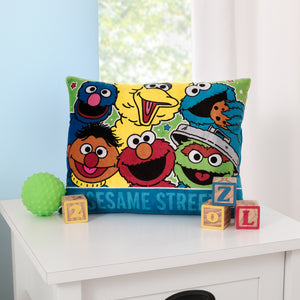 Sesame Street Come and Play Blue, Green, Red and Yellow, Elmo, Big Bird, Cookie Monster, Grover, Oscar the Grouch and Ernie - Decorative Toddler Pillow