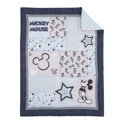 Disney Mickey Mouse Timeless Mickey Gray, White, and Blue Stars and Icons 3 Piece Nursery Mini Crib Bedding Set - Comforter and Two Fitted Mini Crib Sheets