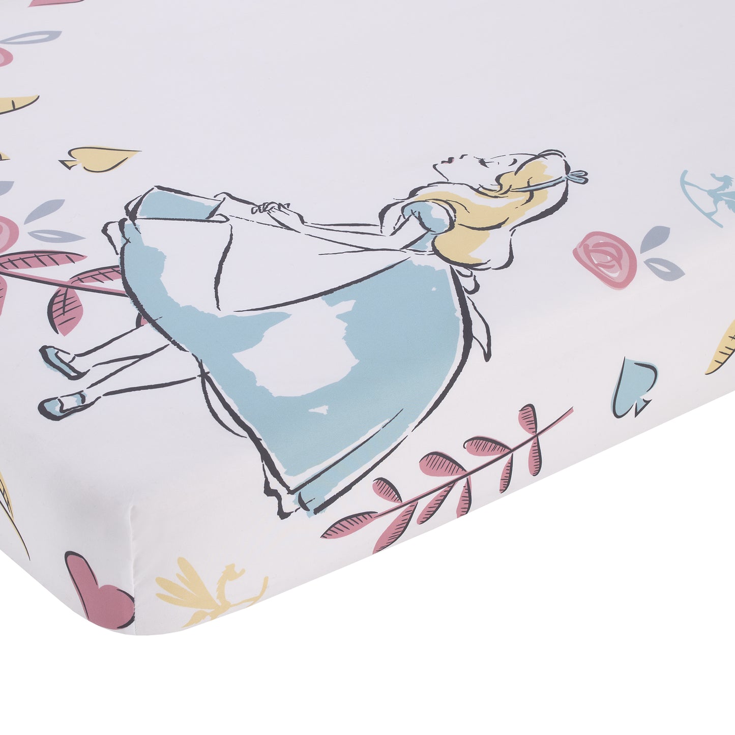 Disney Alice in Wonderland Light Blue, Pink, Yellow, and White Nursery Photo Op Fitted Crib Sheet