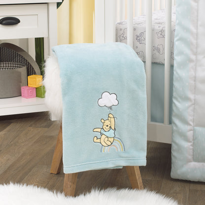 Disney Winnie the Pooh Hello Sunshine Aqua Super Soft Baby Blanket with Multi Colored Rainbow and Cloud Applique