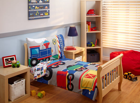 Everything Kids Choo Choo Train, Railroad, Navy, Yellow, Orange and Grey 4 Piece Toddler Bed Set - Comforter, Fitted Bottom Sheet, Flat Top Sheet, Reversible Pillowcase