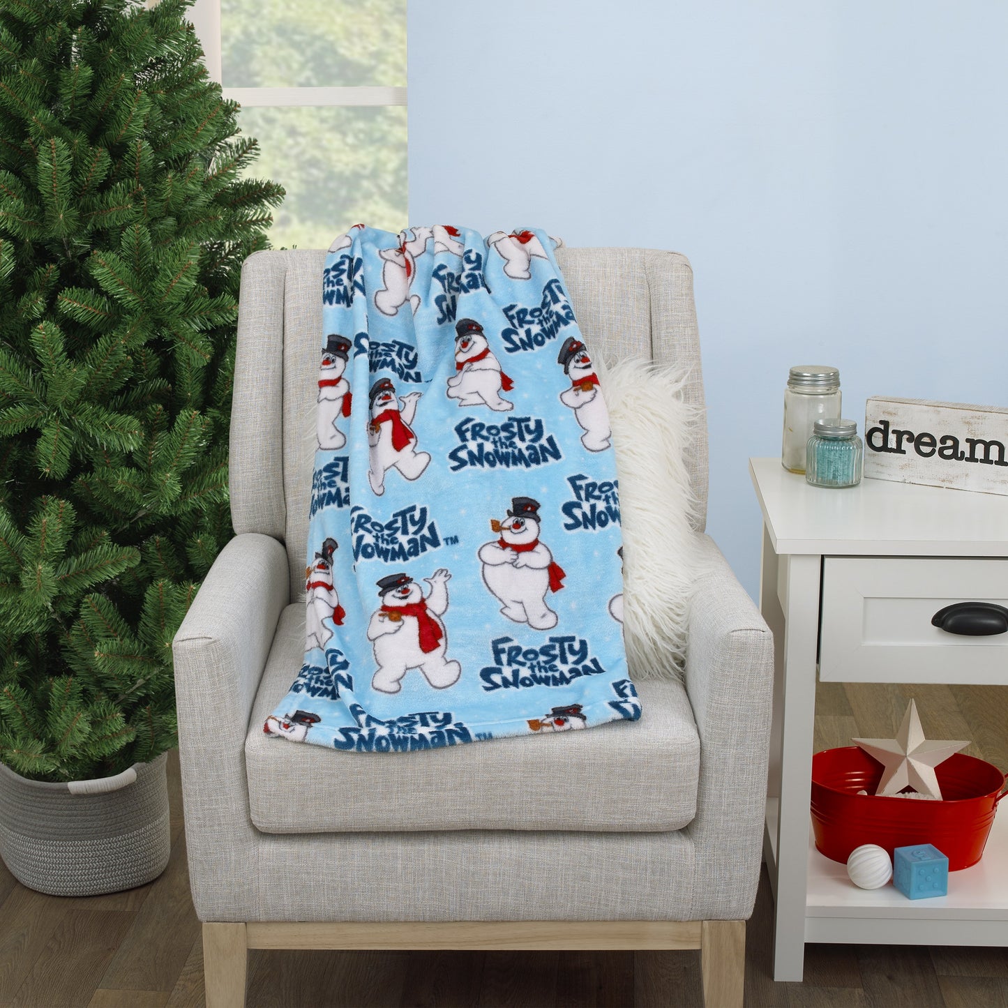 Warner Brothers Frosty The Snowman Light Blue, Red, and White Super Soft Holiday Baby Blanket