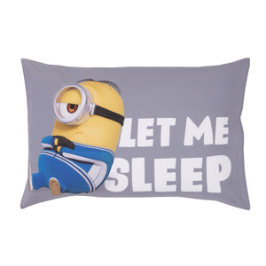 Illumination Lazy Minions Club Gray, Blue, Yellow, and White Let Me Sleep 4 Piece Toddler Bed Set - Comforter, Fitted Bottom Sheet, Flat Top Sheet, and Reversible Pillowcase