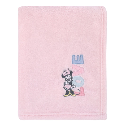 Disney Minnie Mouse Lovely Little Lady Pink Super Soft Baby Blanket with Love Applique