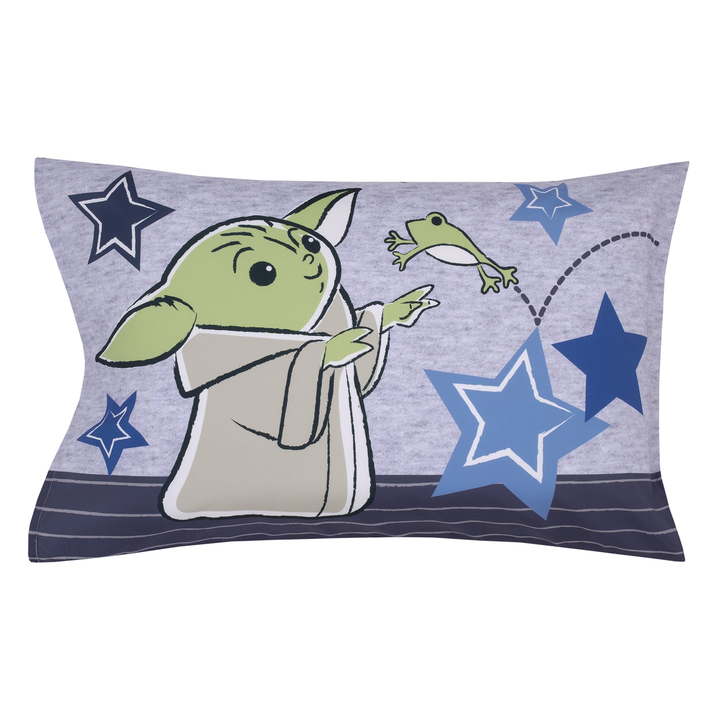 Star Wars The Child Cutest in the Galaxy Blue, Green and Gray, "Too Cute" Grogu, Stars, Hover Pod, and Sorgan Frog 4 Piece Toddler Bed Set - Comforter, Fitted Bottom Sheet, Flat Top Sheet, and Reversible Pillowcase