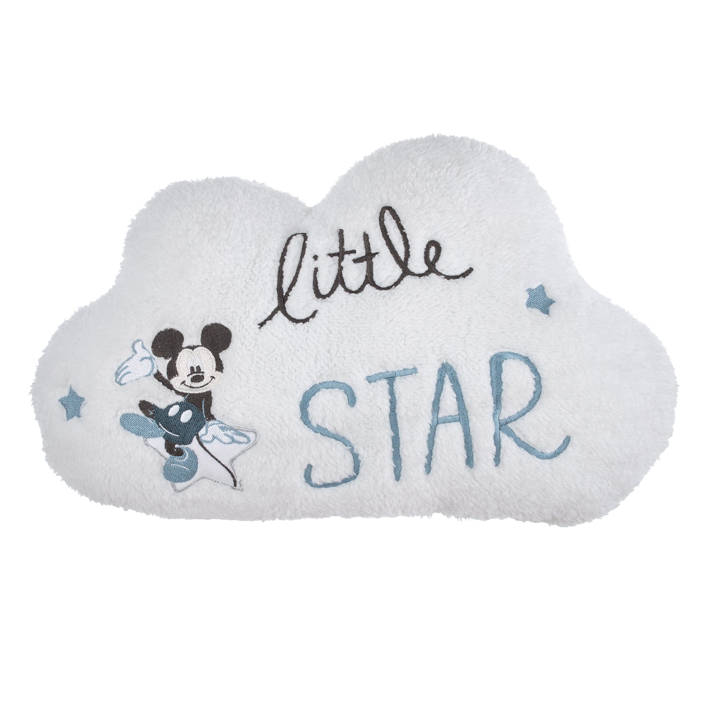 Disney Mickey Mouse White and Blue Sherpa Embroidered Little Star Cloud Shaped Decorative Throw Pillow