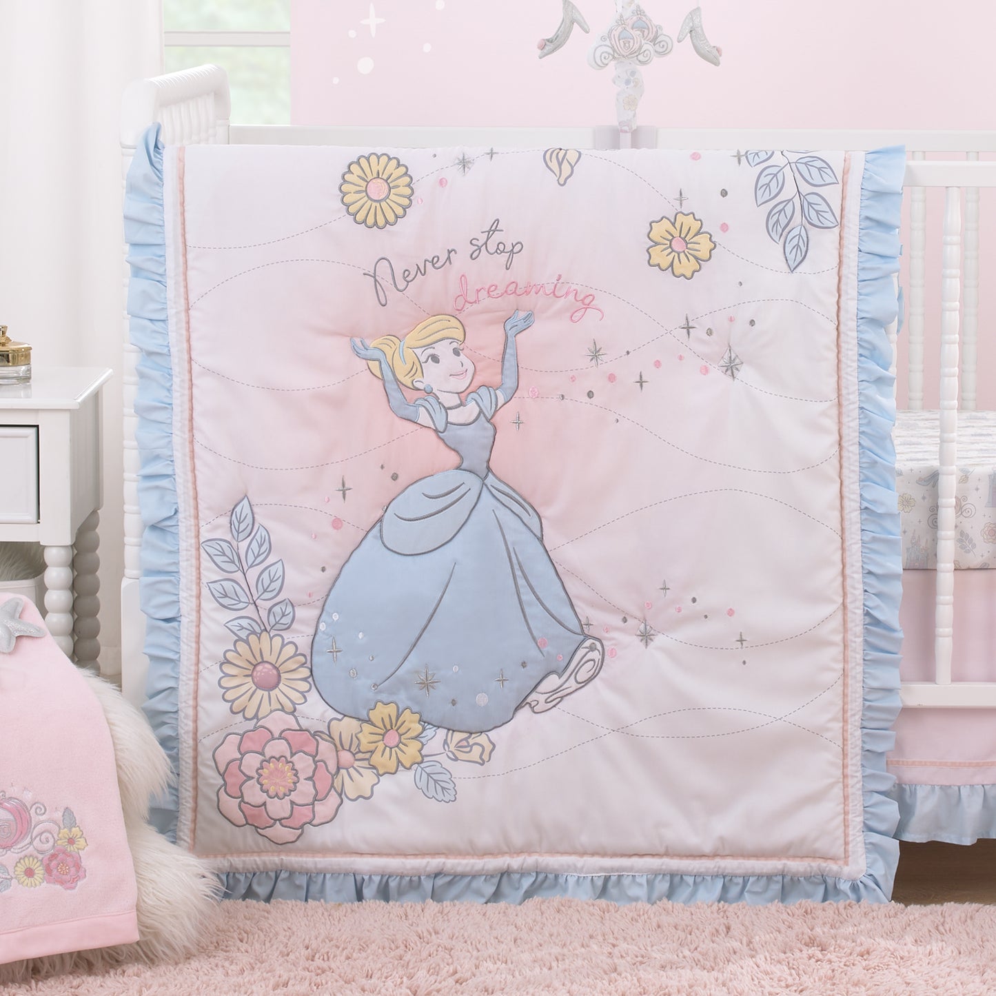 Disney Sweet Princess Light Blue, Pink, and White Cinderella 3 Piece Nursery Crib Bedding Set - Comforter, 100% Cotton Fitted Crib Sheet and Crib Skirt