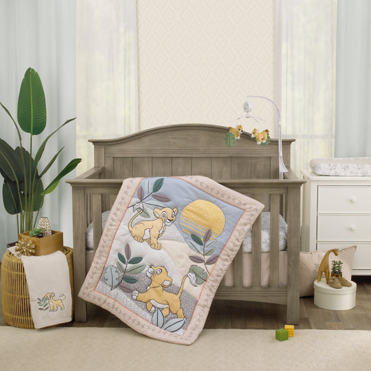 Disney Lion King Leader of the Pack Grey, Sage, Ivory and Yellow 3 Piece Nursery Crib Bedding Set - Comforter, Fitted Crib Sheet, and Crib Skirt