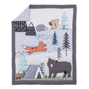 Carter's Woodland Friends Gray Multi Colored Bear and Fox, Squirrel, Tree, Tent, and Campfire 3 Piece Nursery Crib Bedding Set - Comforter, Fitted Crib Sheet, and Crib Skirt
