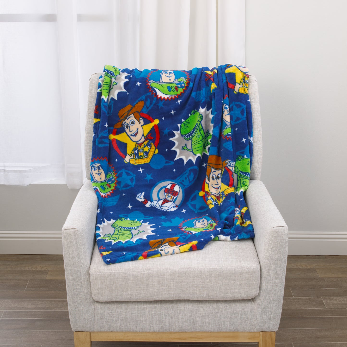 Disney Toy Story 4 - Blue, Green, Yellow and Red Super Soft Plush Toddler Blanket