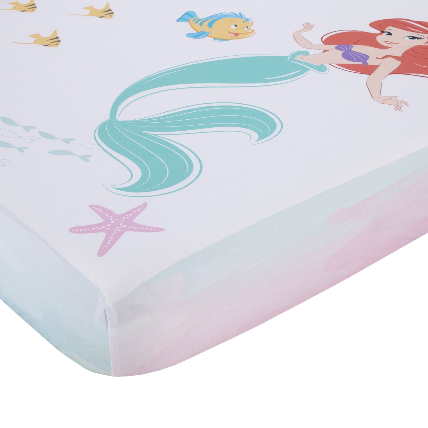 Disney Ariel Watercolor Wishes Aqua, Pink and White Never Stop Exploring 100% Cotton Photo Op Fitted Crib Sheet