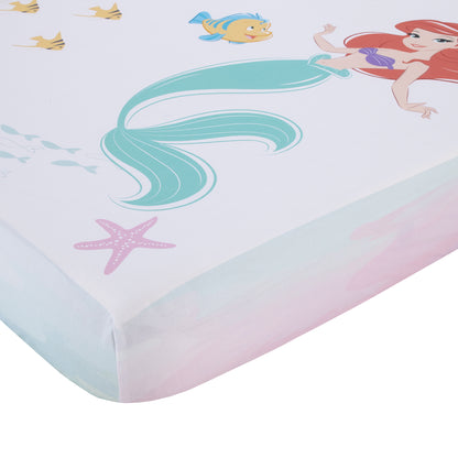 Disney Ariel Watercolor Wishes Aqua, Pink and White Never Stop Exploring 100% Cotton Photo Op Fitted Crib Sheet