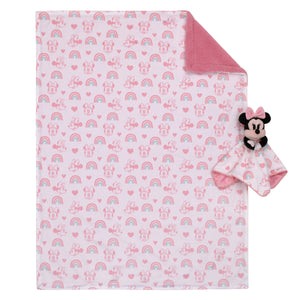 Disney Minnie Mouse White, Pink, and Aqua Rainbows and Hearts Super Soft Sherpa Baby Blanket and Security Blanket 2-Piece Gift Set