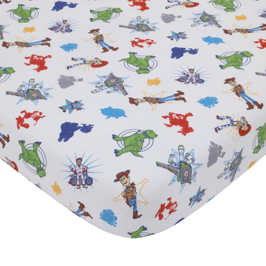 Disney Toy Story 4 - Blue, Green, Yellow Toys in Action 4 Piece Toddler Bed Set - Comforter, Flat Top Sheet, Fitted Bottom Sheet, Reversible Pillowcase