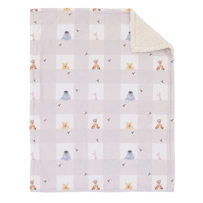 Disney Winnie the Pooh Hugs and Honeycombs Grey and White Plaid with Piglet, Tigger and Eeyore Super Soft Sherpa Baby Blanket
